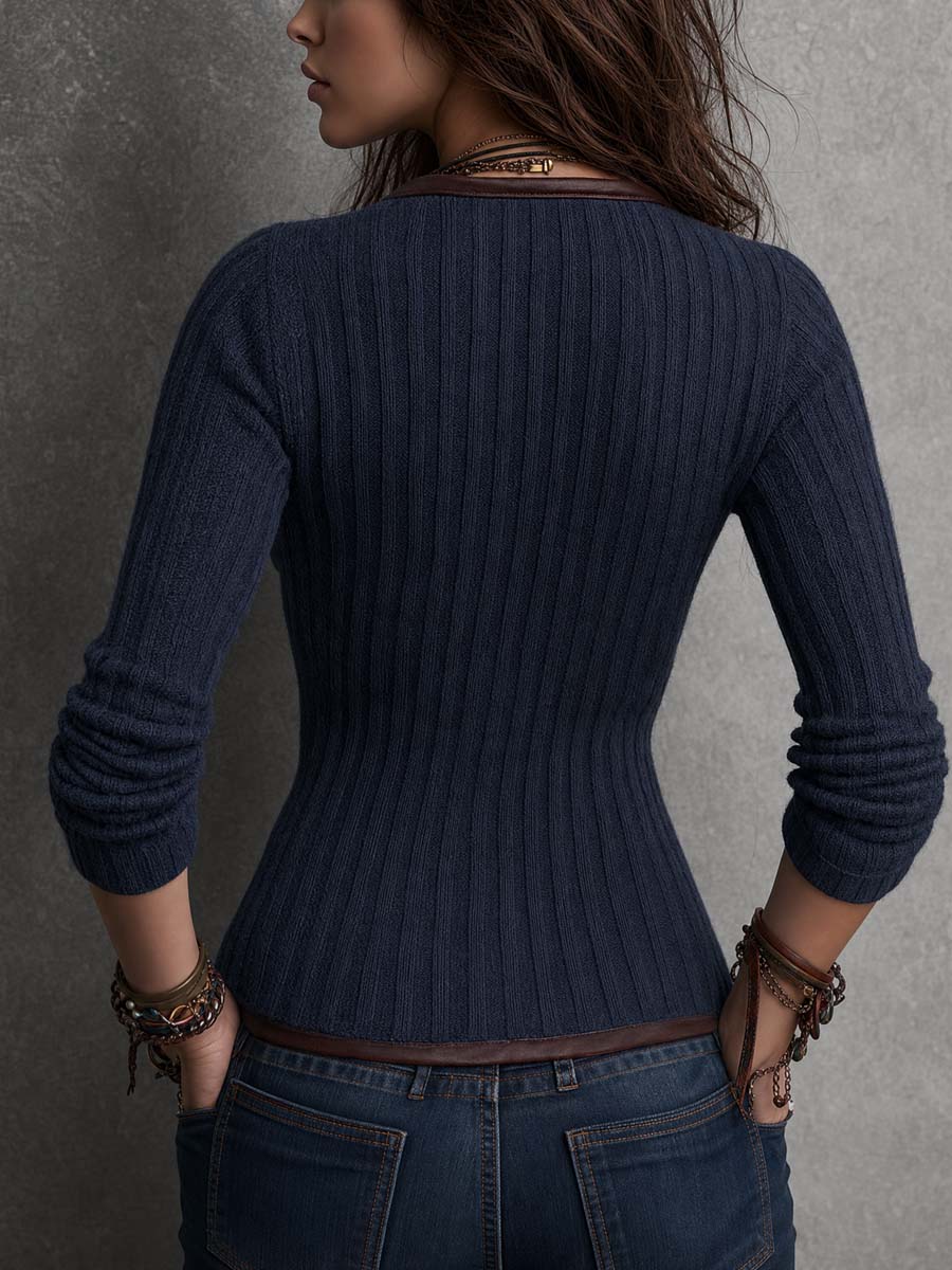 Knitted Jacket with Faux Leather Accents and Asymmetrical Zip