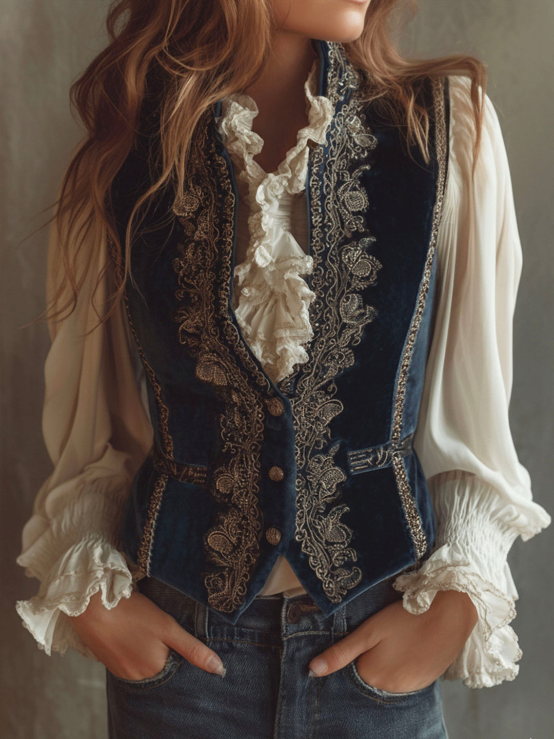 Baroque-Style Vintage Blue Velvet Waistcoat