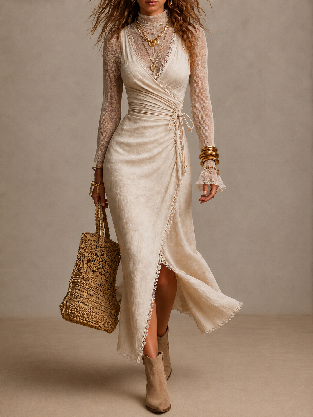 Natural Linen Midi Dress with Elegant Stitching and Lace Details
