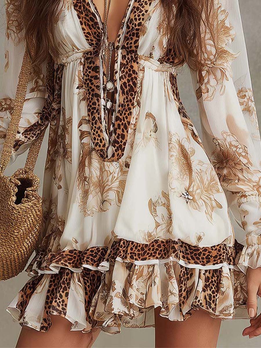 Bohemian Print Mini Dress with Gathered Details