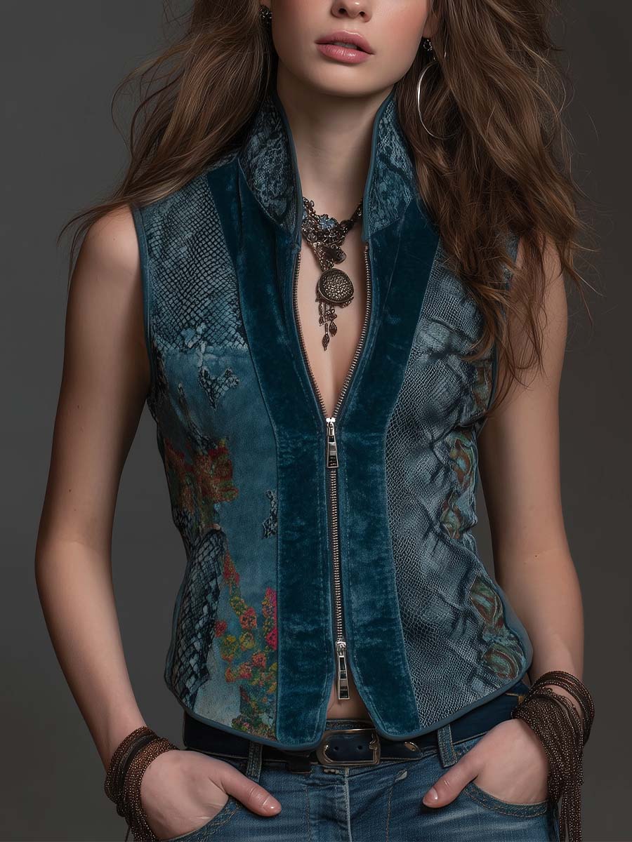 Front Zip Dark Turquoise Velvet Gilet