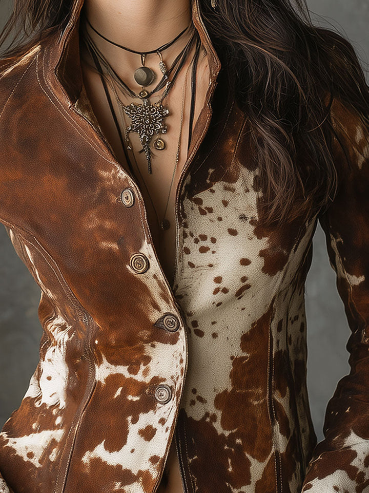 Retro Cow Print Suede Jacket