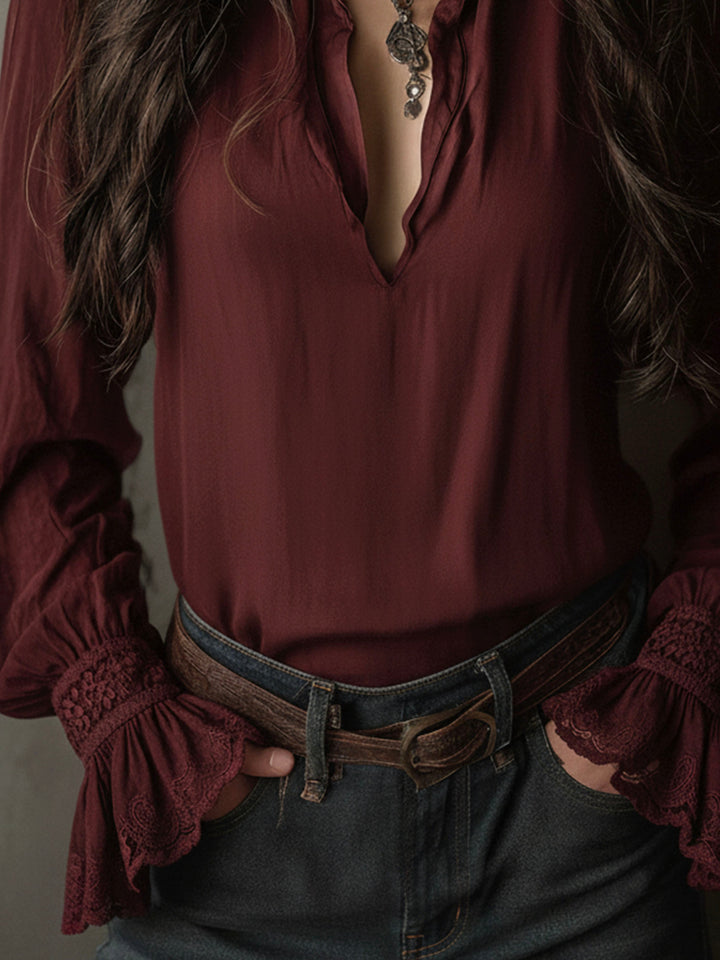 Deep Red Boho V-Neck Blouse Featuring Lace Cuffs