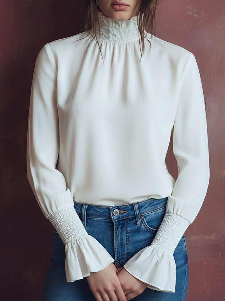 Chic High-Neck White Blouse with Smyrna Cuffs