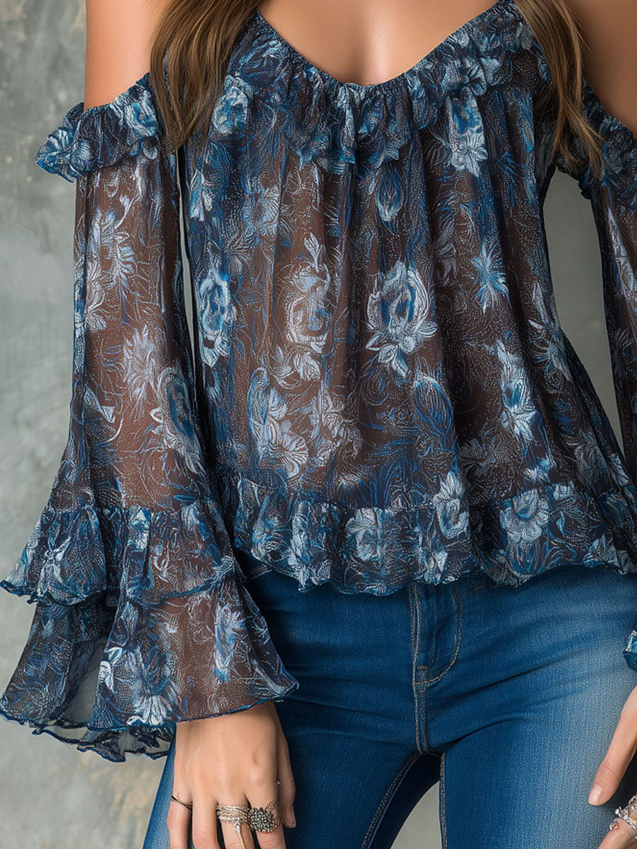 Strapless Boho Night Blue Blouse with Ruffled Accents and Sheer Details