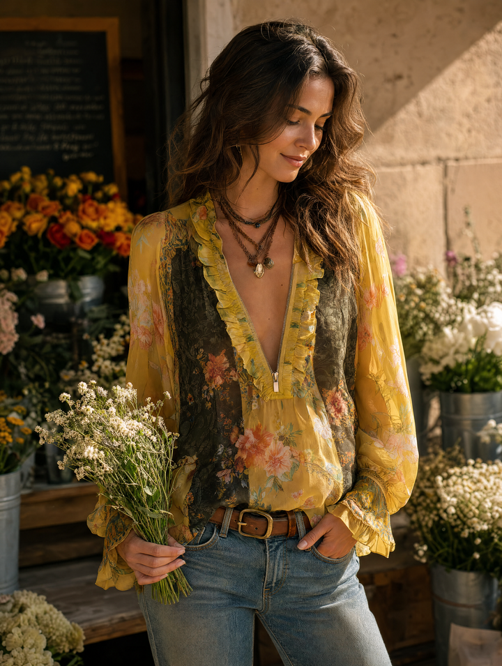 Striped Floral Satin Blouse with Zipper Detail