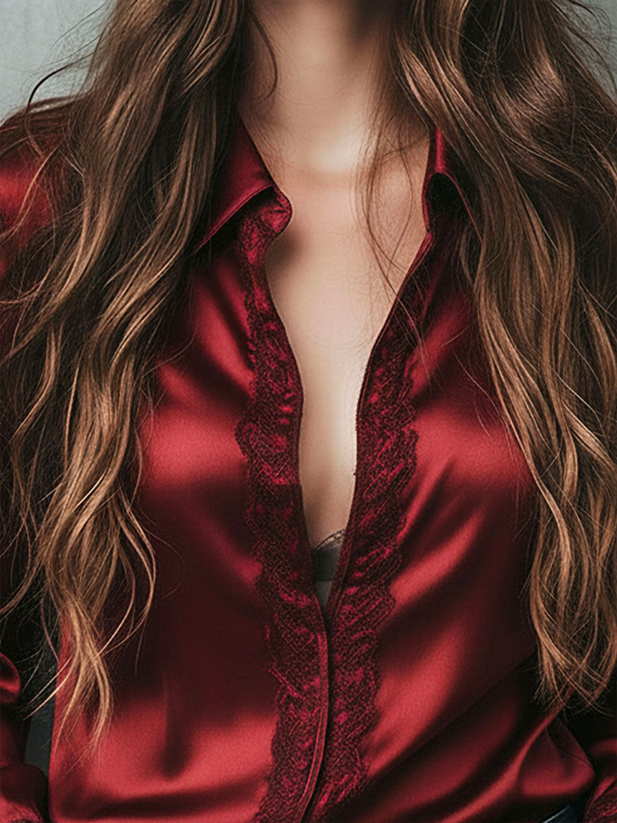 Lace-Trimmed Burgundy Satin Blouse