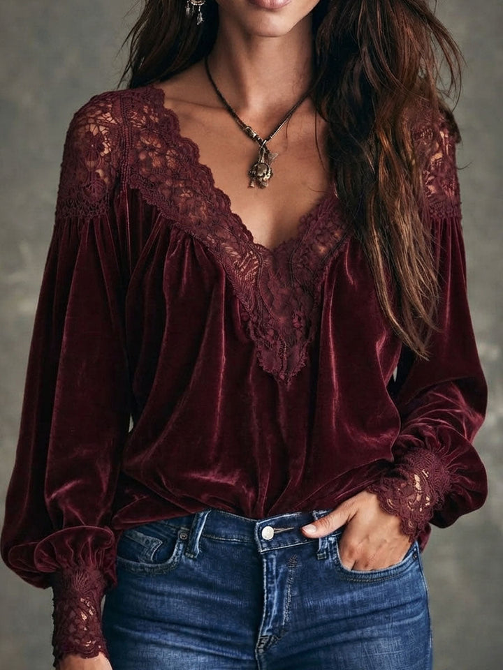 Burgundy Lace-Trimmed Blouse with Deep V Neck