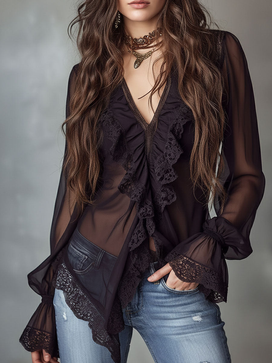 Retro-Style Black Blouse with Lace and Puff Sleeves