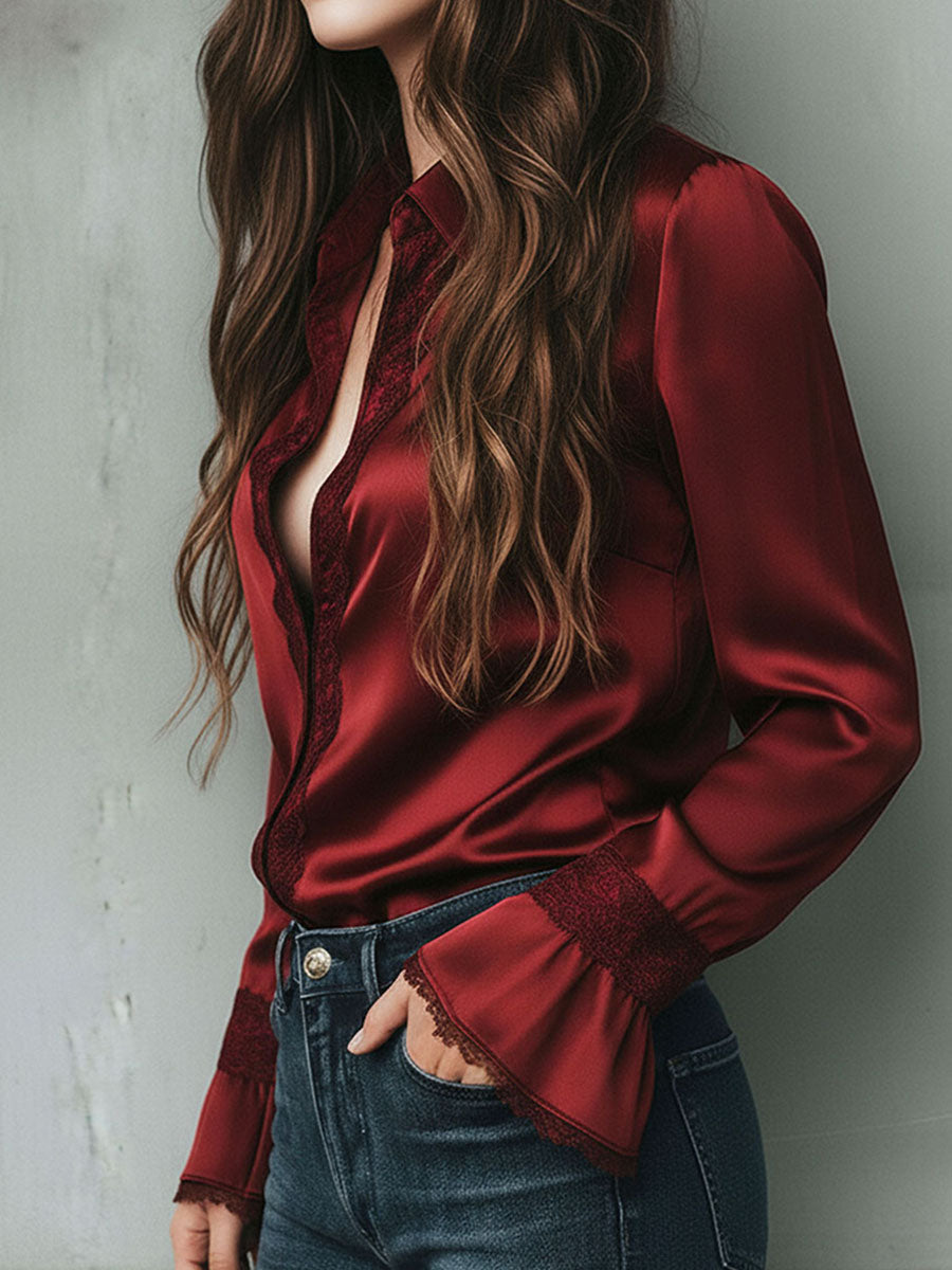 Lace-Trimmed Burgundy Satin Blouse