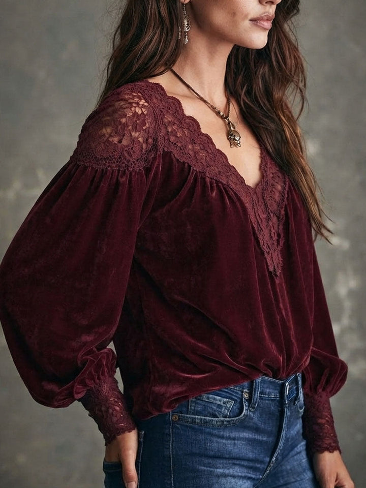 Burgundy Lace-Trimmed Blouse with Deep V Neck