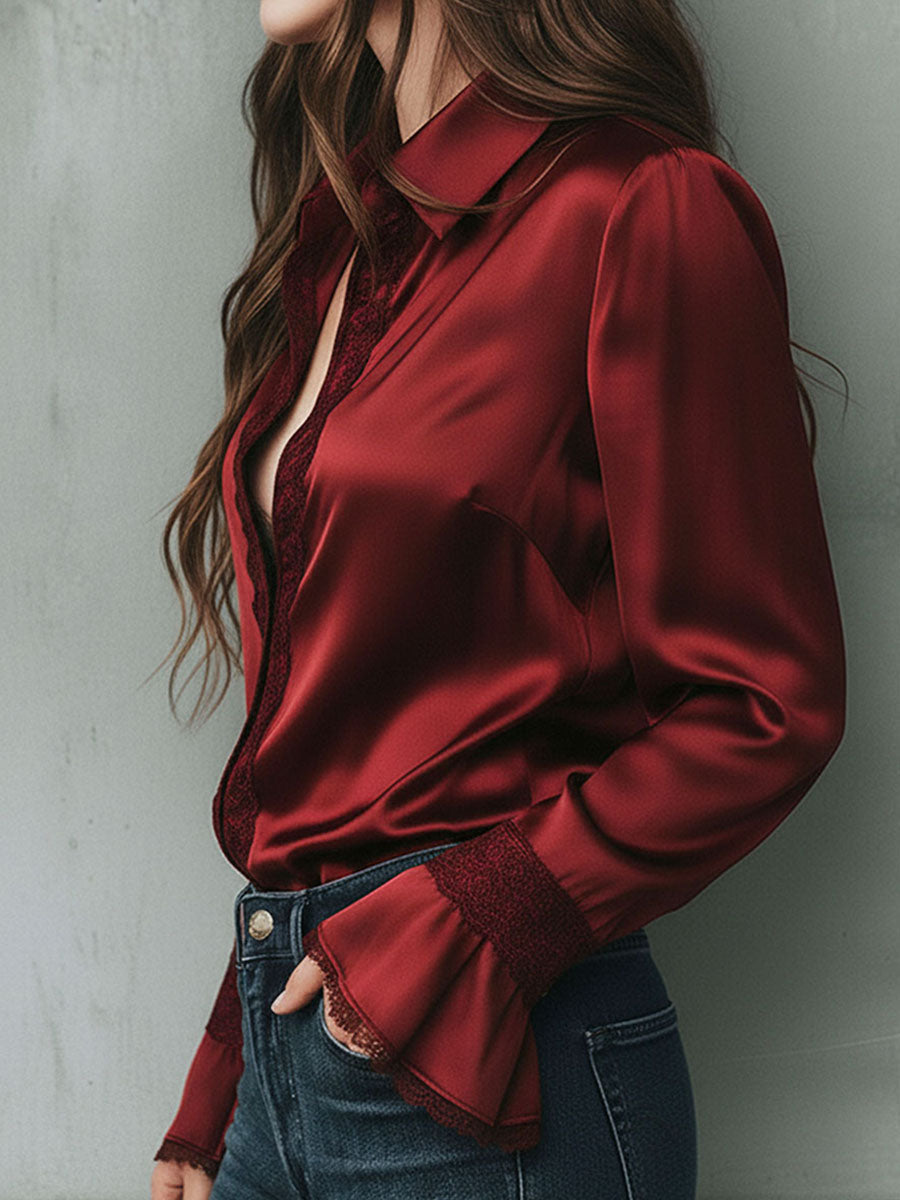 Lace-Trimmed Burgundy Satin Blouse