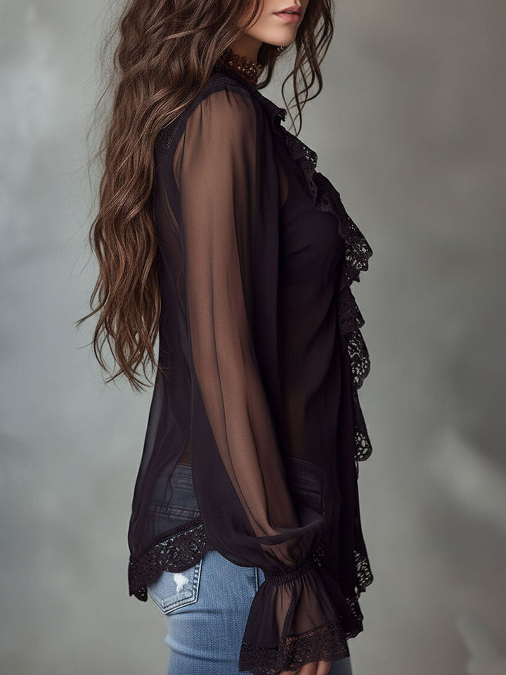 Retro-Style Black Blouse with Lace and Puff Sleeves