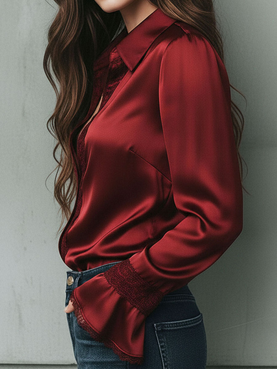 Lace-Trimmed Burgundy Satin Blouse