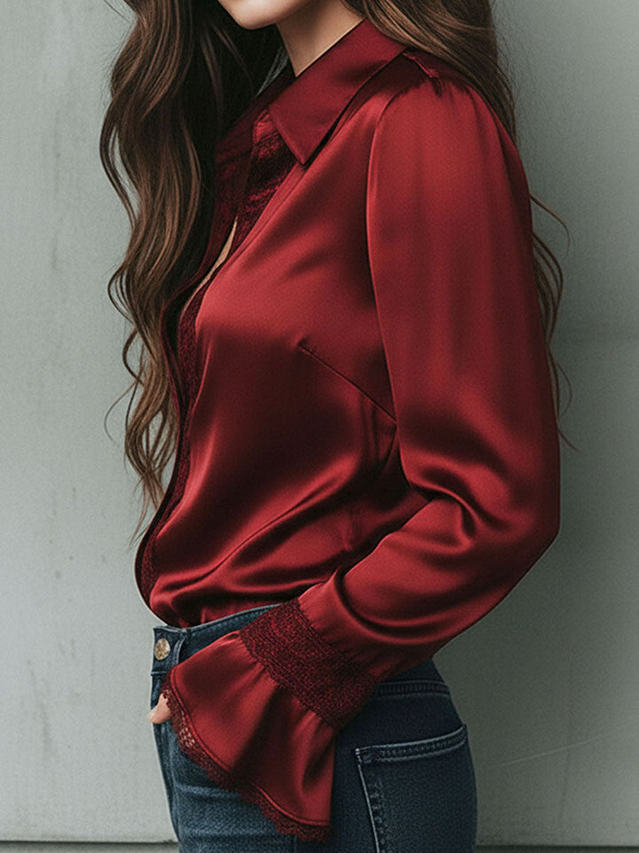 Lace-Trimmed Burgundy Satin Blouse