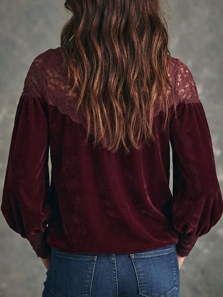 Burgundy Lace-Trimmed Blouse with Deep V Neck