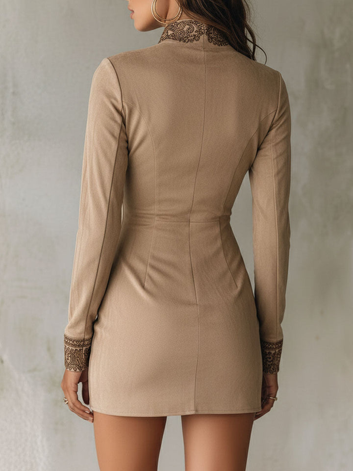 Retro Beige Mini Dress Featuring Zipper, Embroidery, and Pockets
