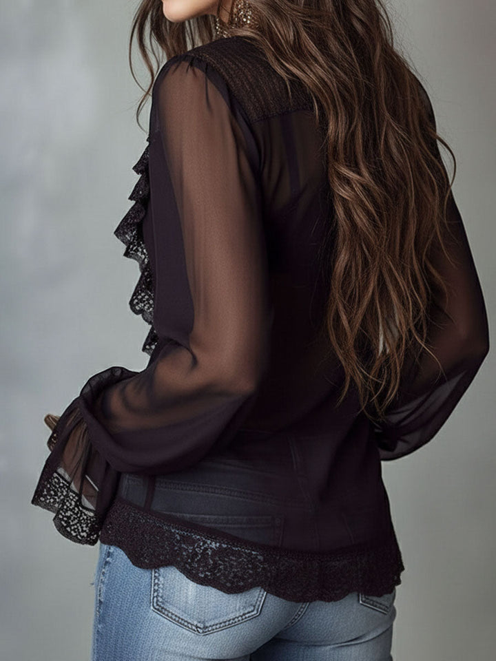 Retro-Style Black Blouse with Lace and Puff Sleeves