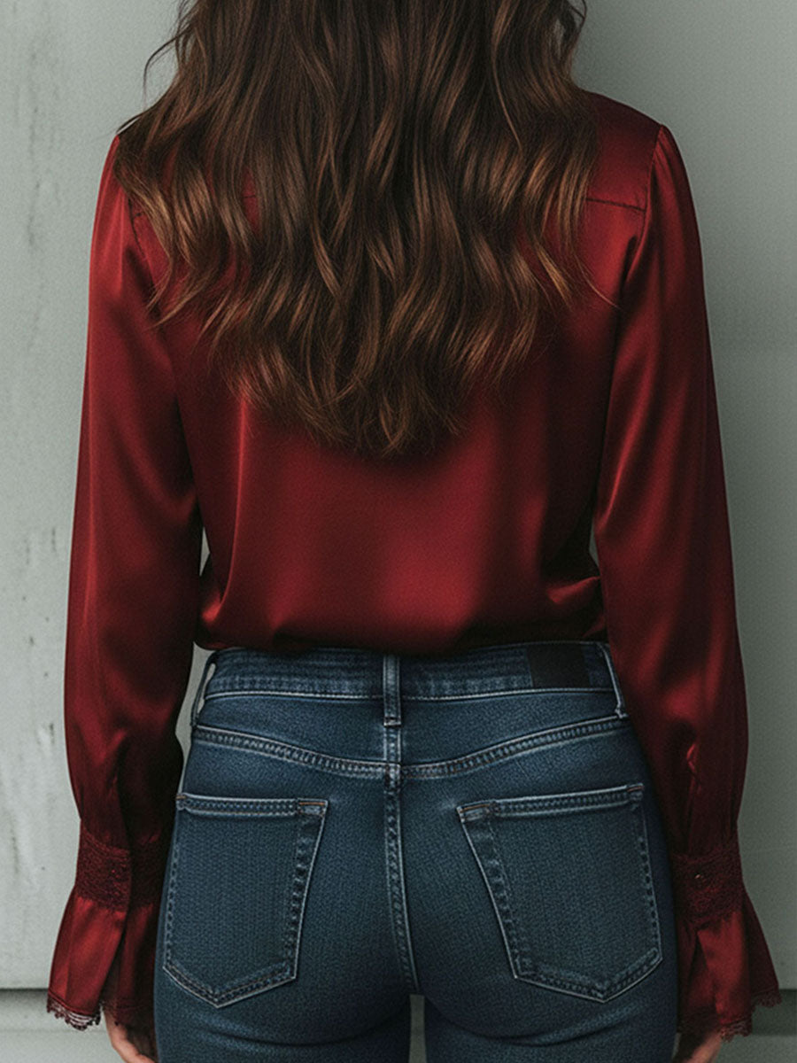 Lace-Trimmed Burgundy Satin Blouse