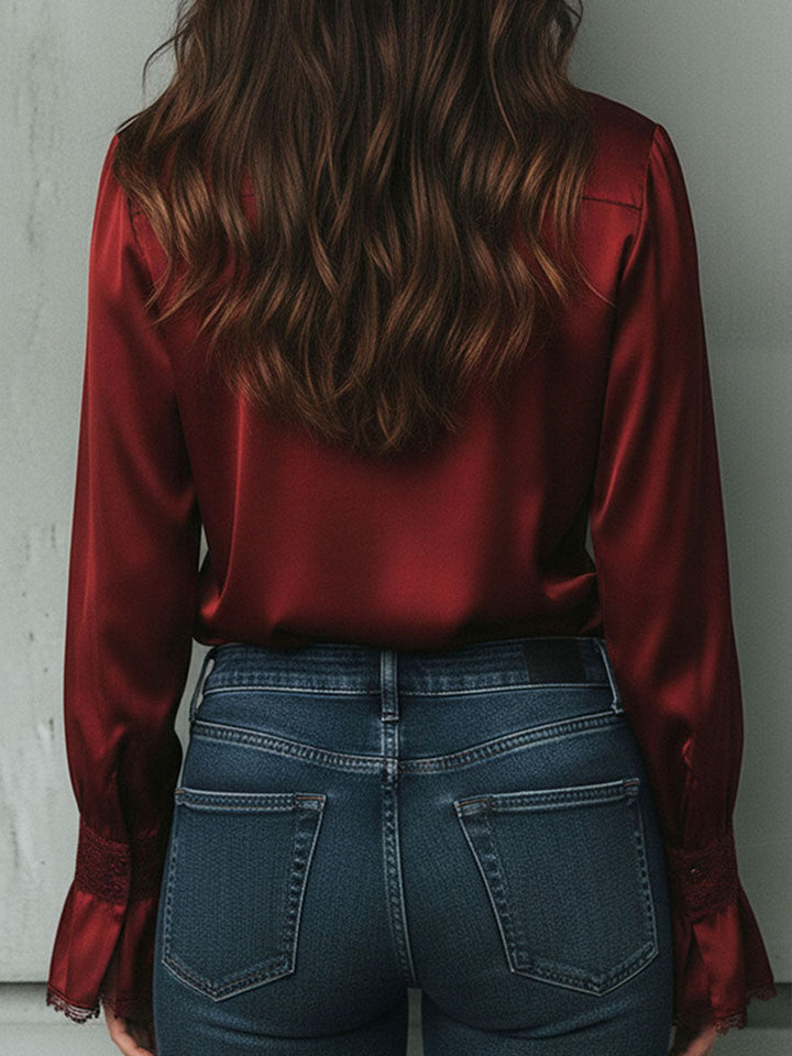 Lace-Trimmed Burgundy Satin Blouse