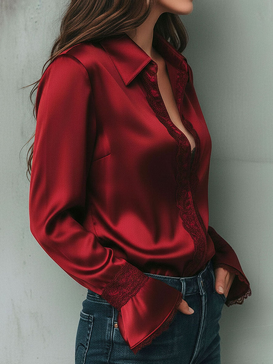 Lace-Trimmed Burgundy Satin Blouse