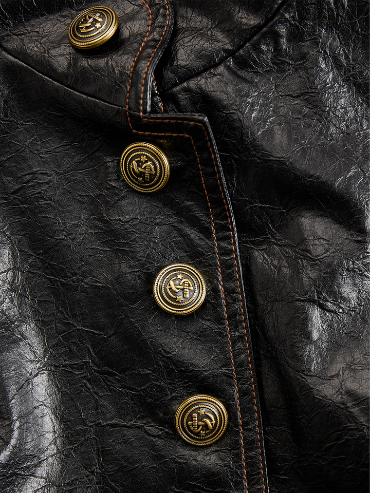 Vintage-Inspired PU Jacket with Metal Accents and Stitched Collar