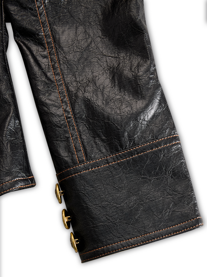Vintage-Inspired PU Jacket with Metal Accents and Stitched Collar