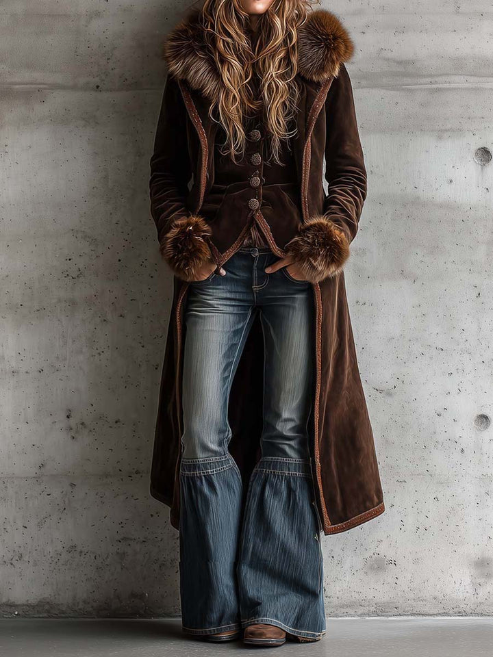 Brown Microfiber Maxi Suit with Metallic Buttons and Faux Fur Accents