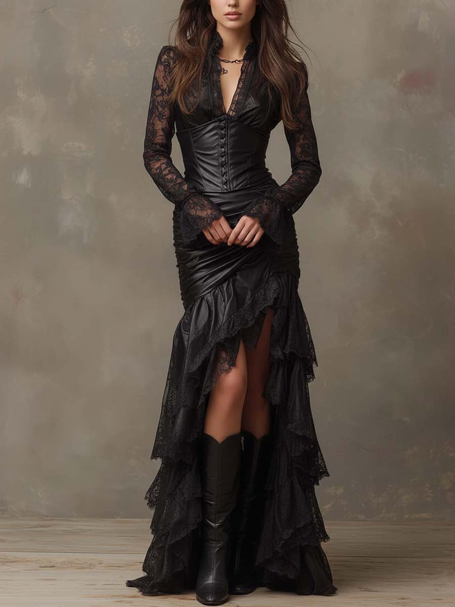 Maxi Dress in Black Faux Leather Featuring Lace Sleeves