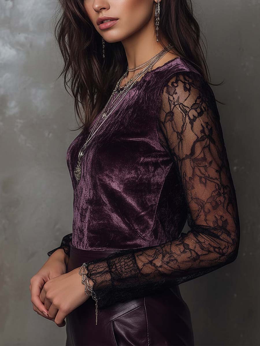 Sheer-Sleeved Gothic Velvet and Lace Blouse