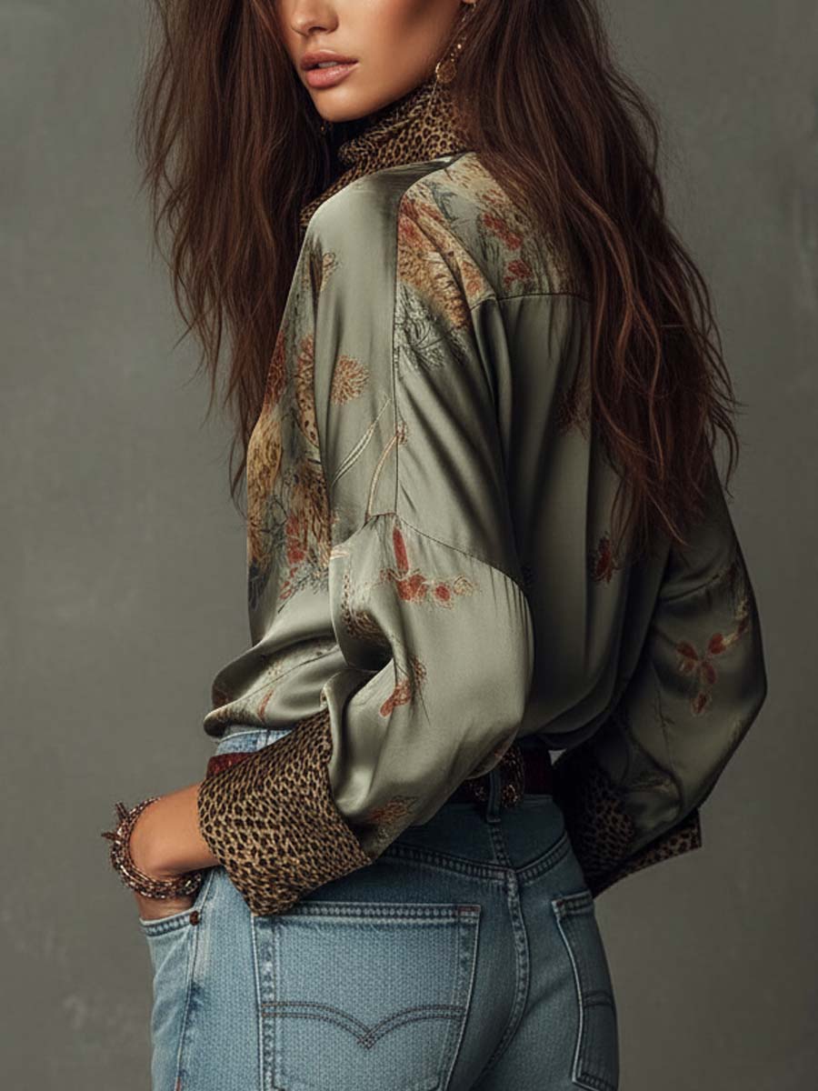 Floral Satin Blouse with Leopard Print Trim