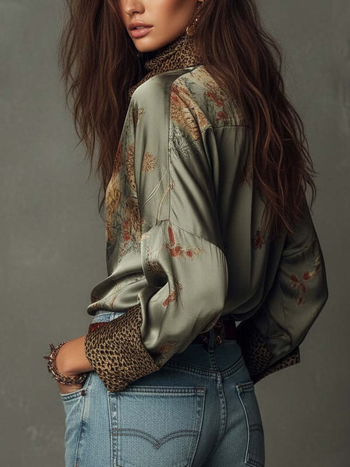 Floral Satin Blouse with Leopard Print Trim
