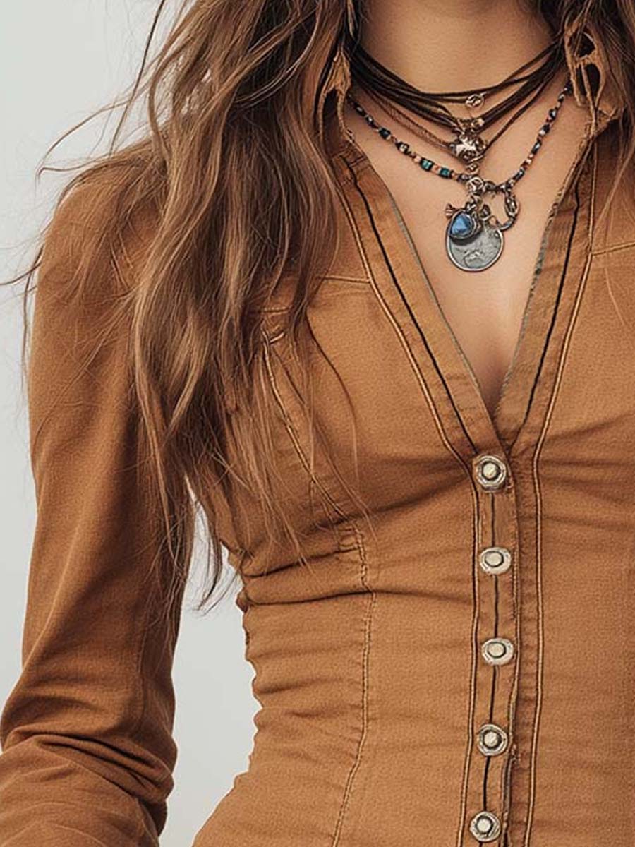 Retro Camel Shirt Featuring Contrast Stitch Details
