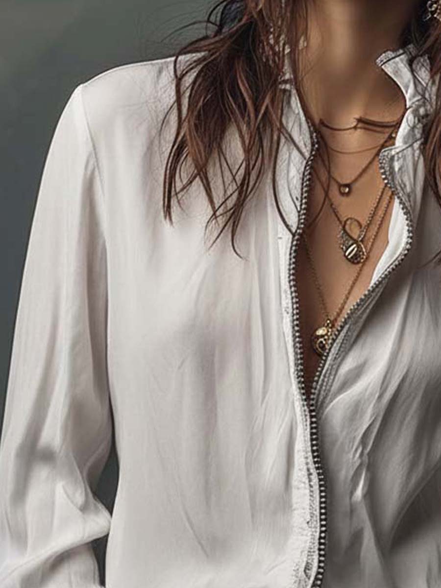 White Puff Sleeve Blouse with Zip Detail