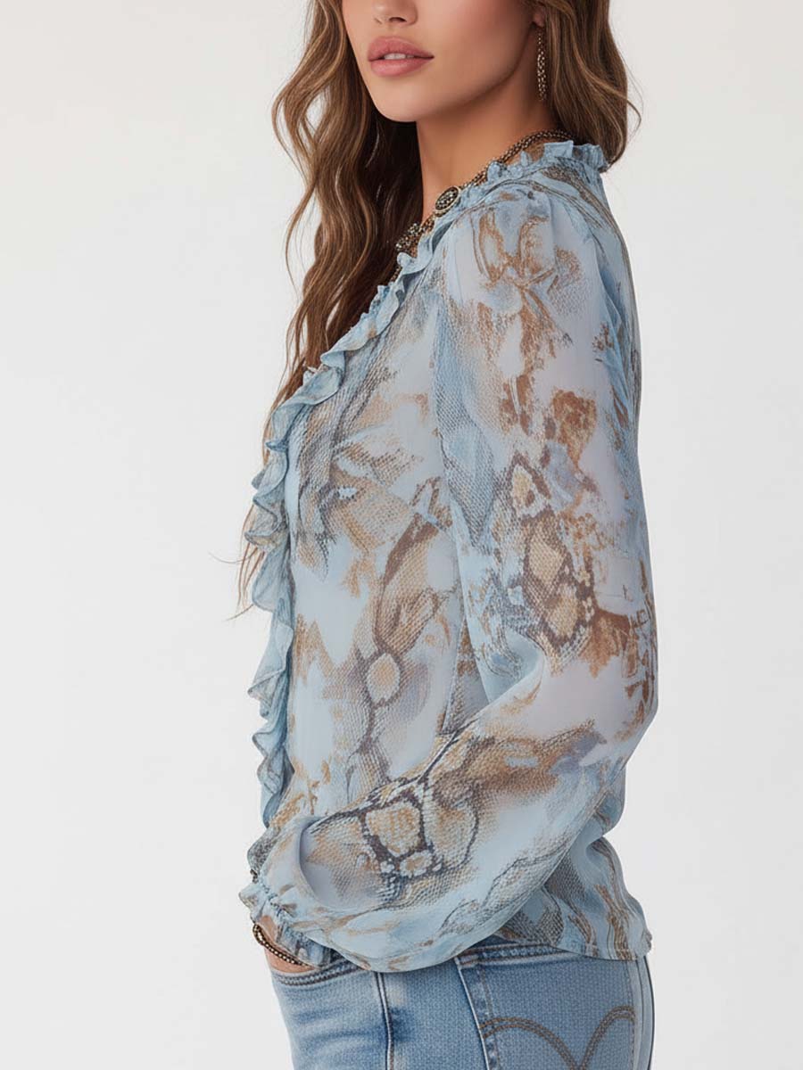 Ice Blue Chiffon Blouse with Front Zip