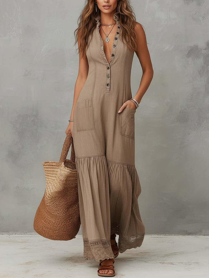 Timeless Khaki Sleeveless Maxi Dress Crafted from 100% Cotton