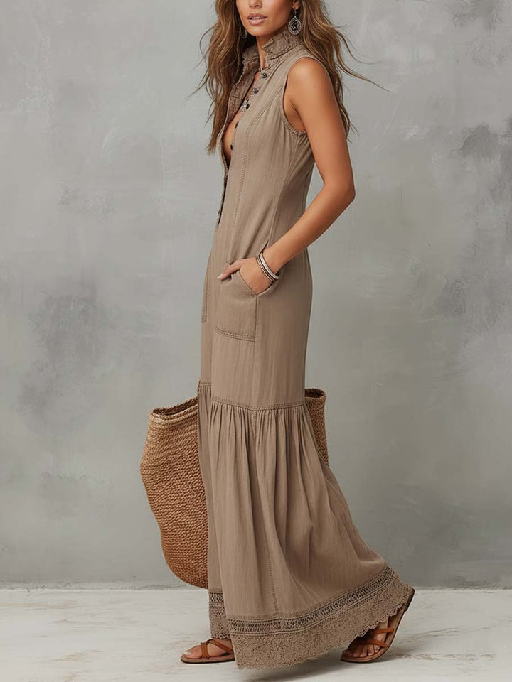 Timeless Khaki Sleeveless Maxi Dress Crafted from 100% Cotton