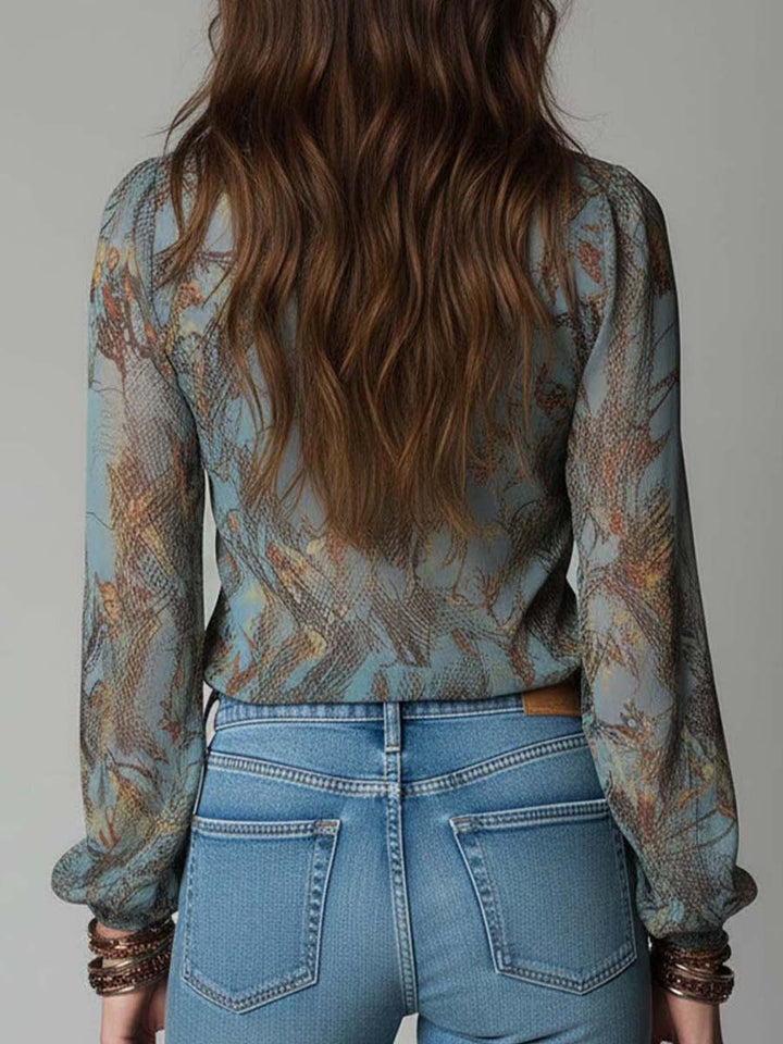 Blue Mist Chiffon Blouse with Zip and Snake Flower Print