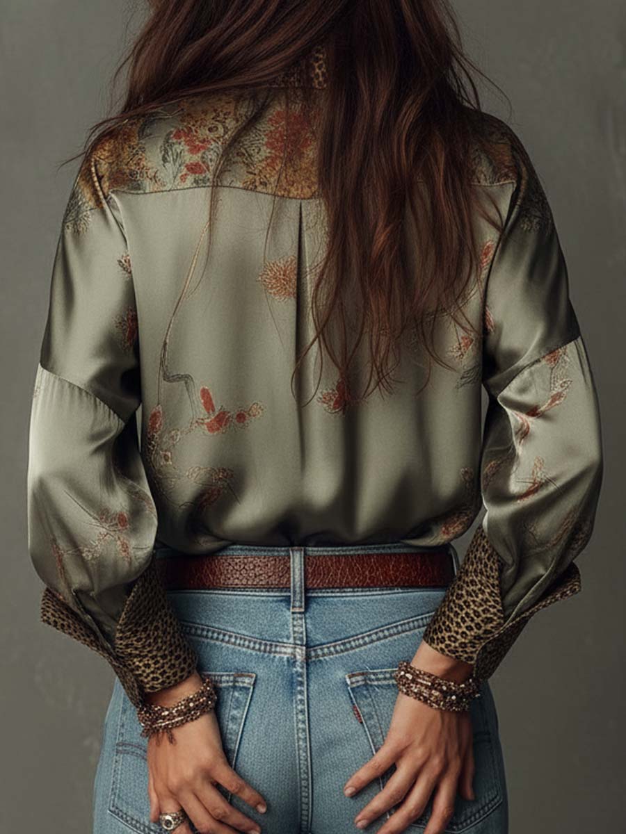Floral Satin Blouse with Leopard Print Trim
