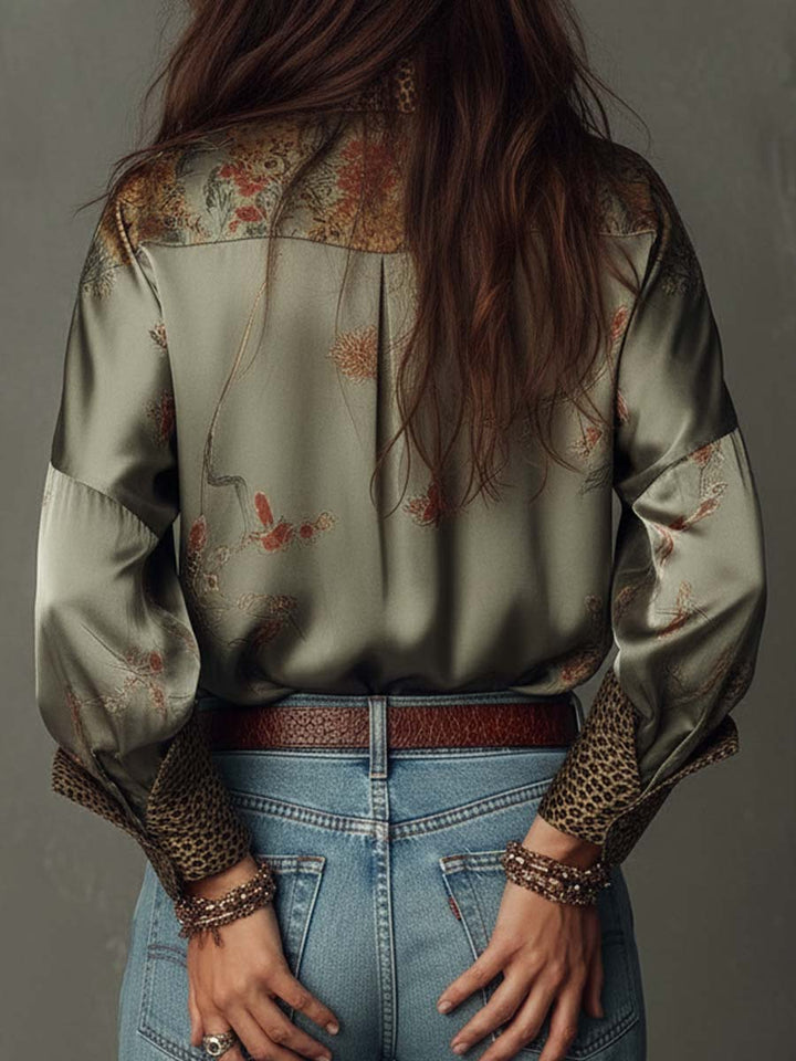 Floral Satin Blouse with Leopard Print Trim