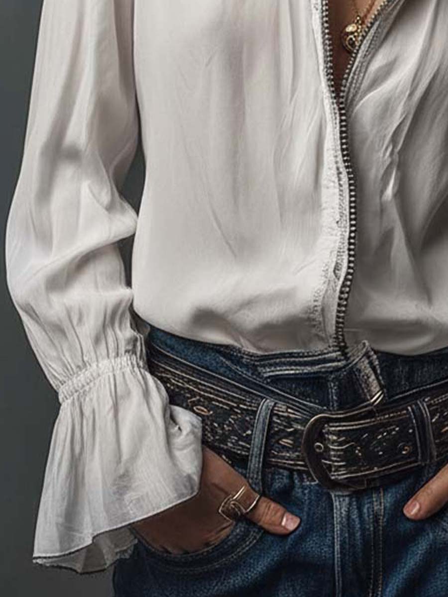 White Puff Sleeve Blouse with Zip Detail