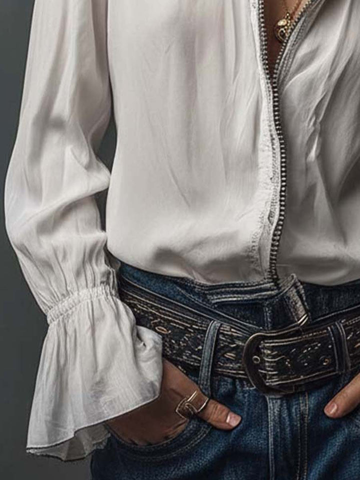 White Puff Sleeve Blouse with Zip Detail