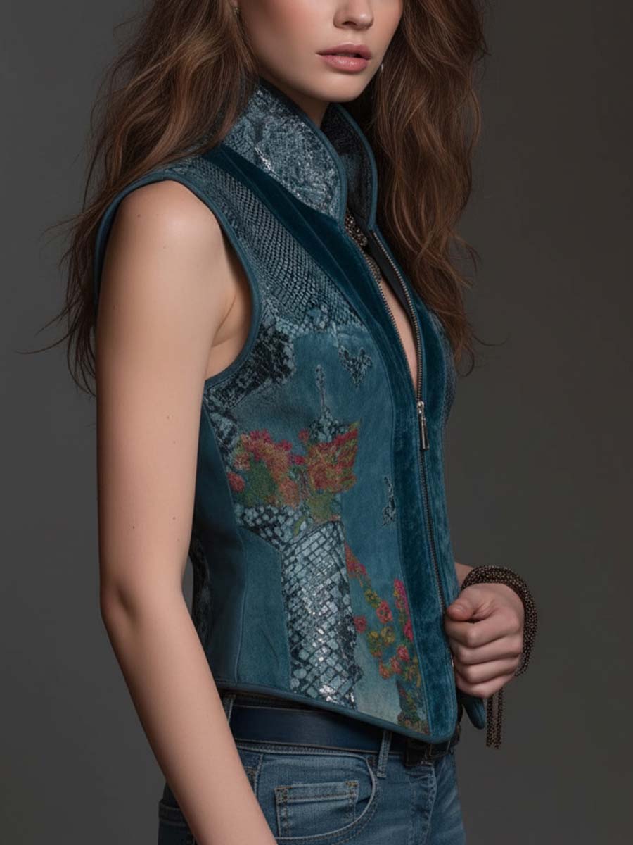Front Zip Dark Turquoise Velvet Gilet