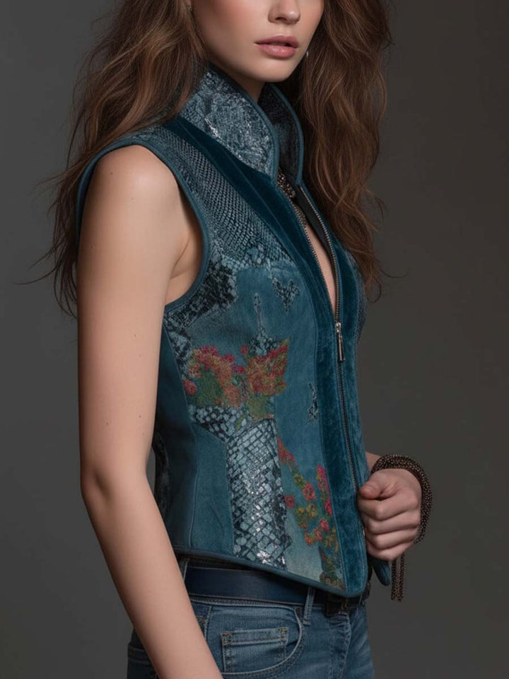 Front Zip Dark Turquoise Velvet Gilet