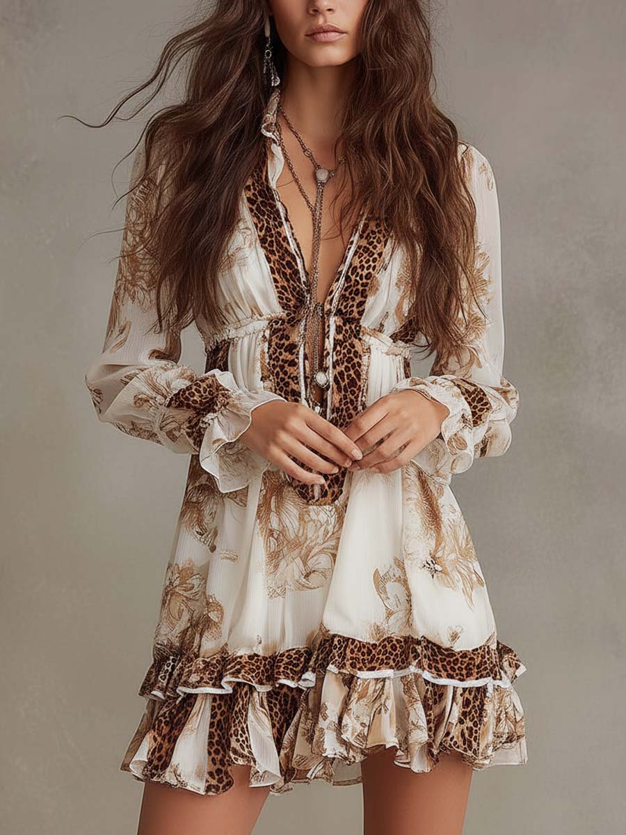 Bohemian Print Mini Dress with Gathered Details