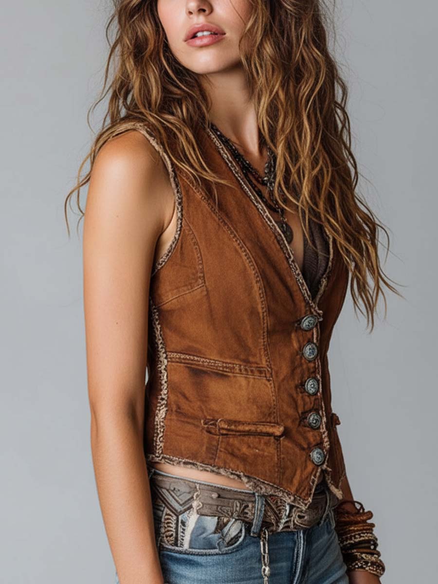 Shiny Caramel Denim Vest with Decorative Stitching and Gold Accents