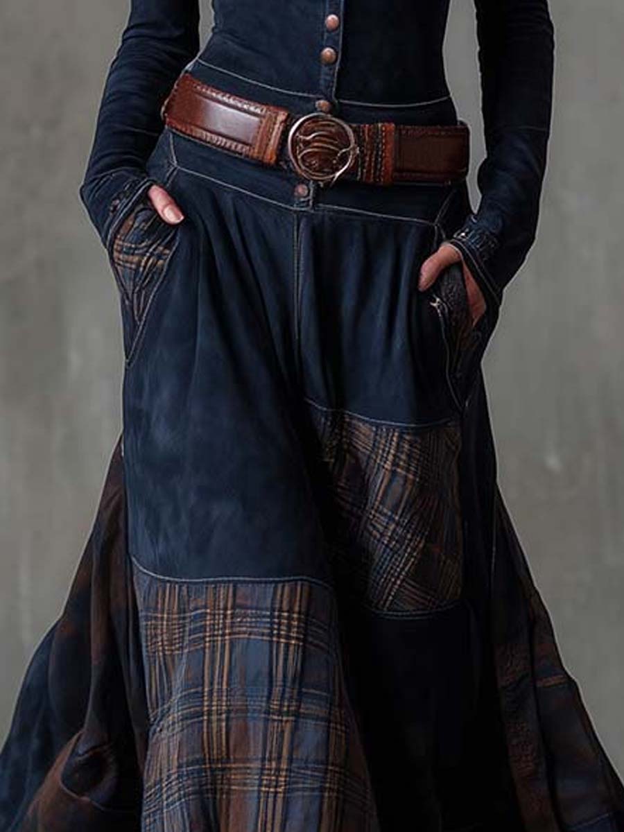 Vintage-Inspired Patchwork Suede Maxi Dress with Plaid Details