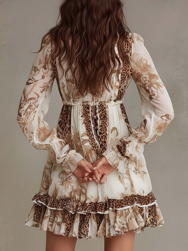 Bohemian Print Mini Dress with Gathered Details
