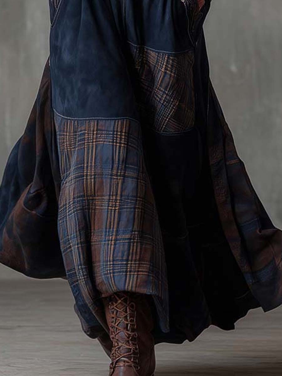 Vintage-Inspired Patchwork Suede Maxi Dress with Plaid Details