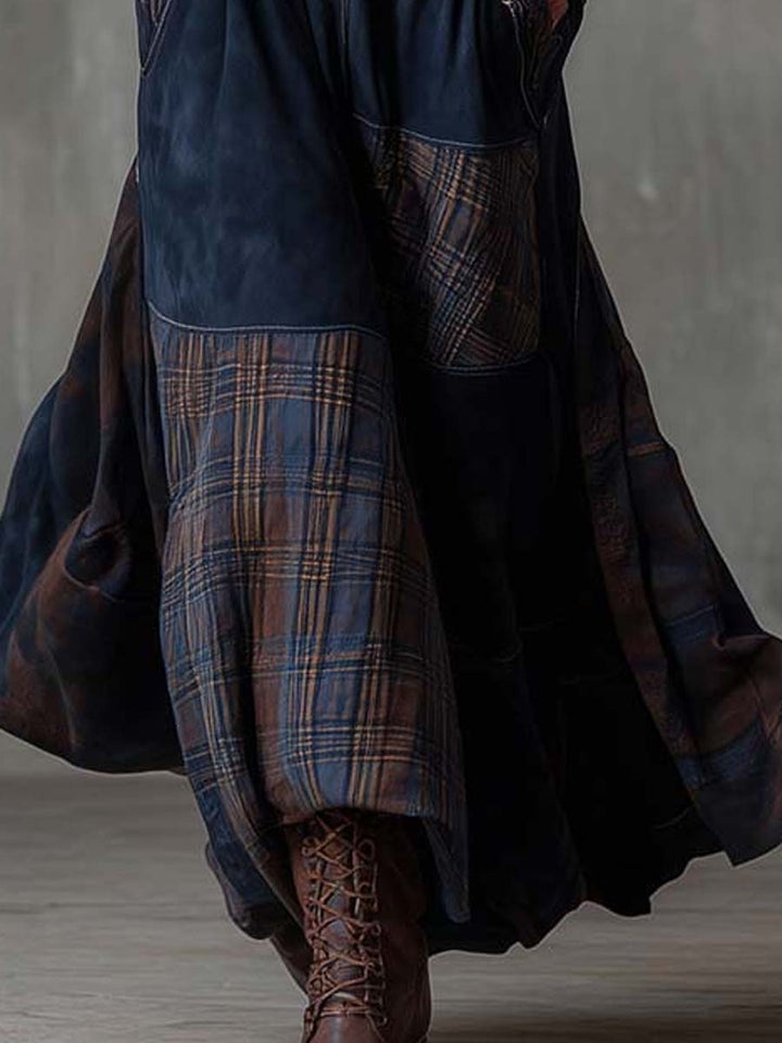 Vintage-Inspired Patchwork Suede Maxi Dress with Plaid Details